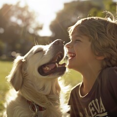 Friendship in the Park: Woman, child, and their happy dog enjoying a walk amidst nature, smiling and having fun on a sunny day