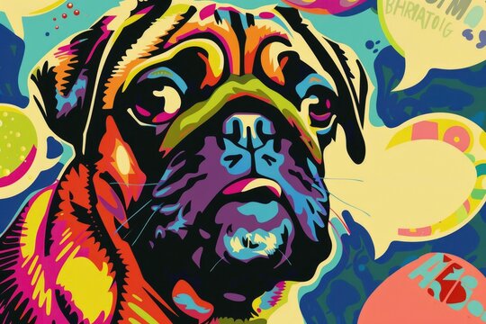 A close-up portrait of a pug rendered in the Pop Art style.