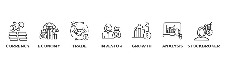 Fototapeta premium Forex banner web icon vector illustration concept with icon of currency, economy, trade, investor, growth, analysis and stockbroker 