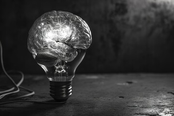 Abstract black and white image of a light bulb in the shape of a human brain glowing against a dark...
