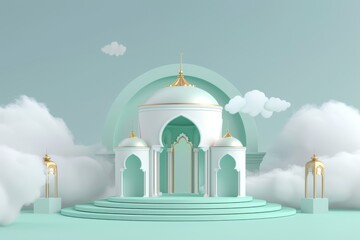 3D mosque with 3D Podium for Ramadan background, green and gold colour
