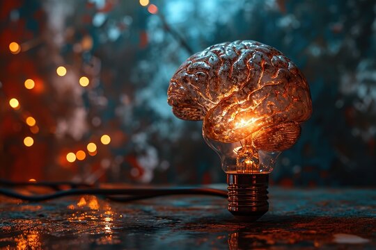 Abstract colorful image of a light bulb in the shape of a human brain glowing against a dark rough wall background.