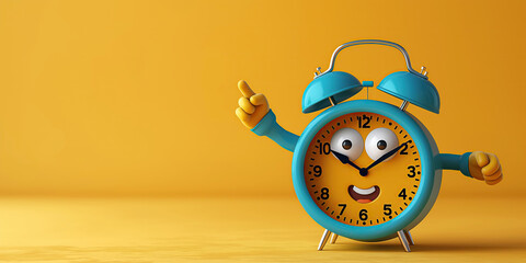 Cartoon character happy alarm clock points finger at time of waking up on yellow isolated background