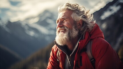 Elderly happy smiling gray-bearded and long-haired man in an orange jacket and with a backpack, breathing clean air in a mountain valley - obrazy, fototapety, plakaty