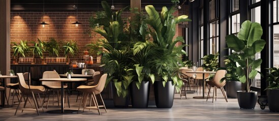 Potted plants add to the modern cafe ambiance - obrazy, fototapety, plakaty