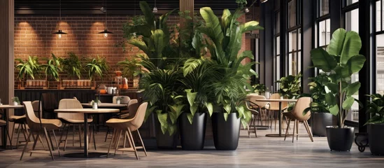 Zelfklevend Fotobehang Potted plants add to the modern cafe ambiance © Vusal