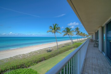 Oceanfront balcony view with sea and blue sky