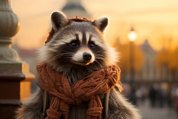 Illustration of a cute anthropomorphic traveler raccoon in a brown scarf and with fluffy paws, walking along the city river embankment - obrazy, fototapety, plakaty