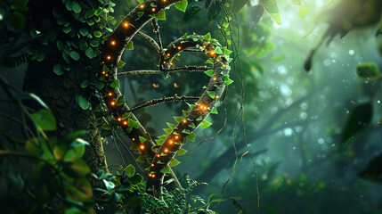 Obraz na płótnie Canvas An awe-inspiring view of a DNA helix forming the silhouette of a heart, surrounded by the lush foliage of a forest against a backdrop of deep green hues. 8K.