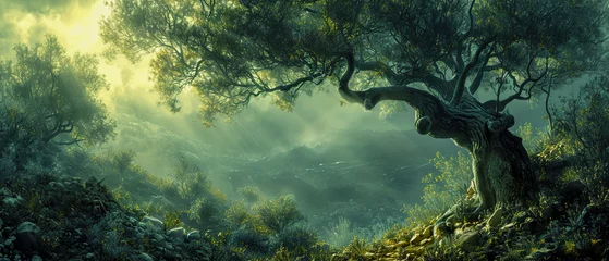 Poster A large old olive tree is surrounded by a lush green forest, sun is shining © Beastly