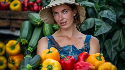 A stylish woman in a hat holds a vibrant bunch of peppers in her hands