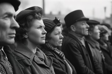 Black and white retro image of a group of serious workers at a rights protest rally - obrazy, fototapety, plakaty