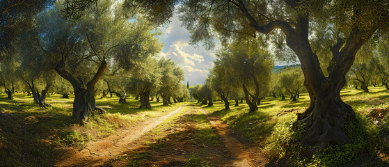 A forest of olive trees with a dirt road running through it