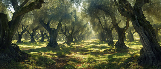 A forest of olive trees with a bright sun shining through the leaves