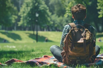 a man with a tourist backpack sits with his back on a blanket on the green grass. place for text. Summer. A park. Nature. Rest
