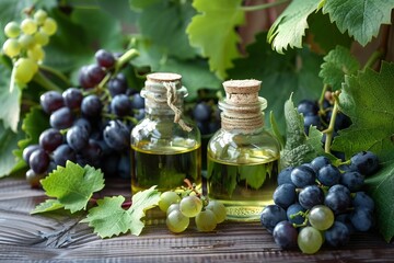 Cosmetic essence from grape seeds, bottles with essence next to leaves and bunches of grapes
