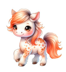 Little cartoon pony horse unicorn with a colored mane and tail. Watercolor illustration - 759111140