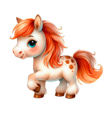 Pony horse unicorn with a orange mane and tail. Watercolor illustration - 759111151