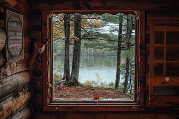 Rustic lakeside cabin retreat, Wooden house in a forest