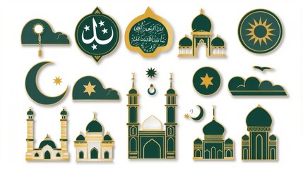 Ramadan Element Stickers Set Design, green and gold colour