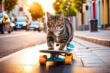 A cute cat rides a skateboard through the city streets