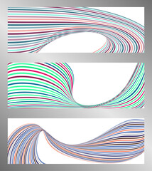 Wavy lines or ribbons. Set of 3 backgrounds. Multicolored striped gradient. Creative unusual background with abstract gradient wave lines to create a trendy banner, poster. vector eps