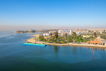 View of Lake Timsah, also known as Crocodile Lake; in the Nile delta along the Suez Canal region at the waterfront city of Al Isma'iliyah, also known as Ismailia, Egypt