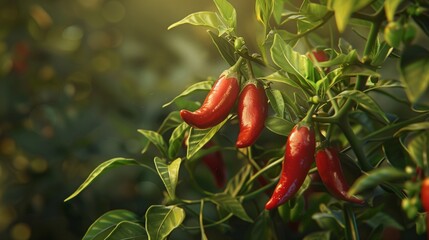 Lush Calabrian chili pepper plants in Italy, showcasing vibrant red ripe chili peppers ready for harvest under the Mediterranean sun.