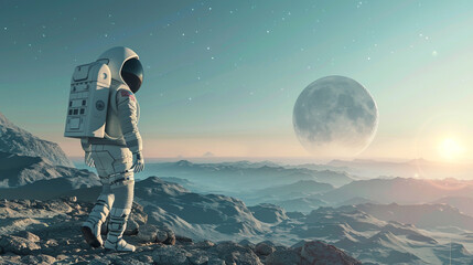 Amidst the wreckage of a failed colonization effort, an astronaut stands alone, their spacesuit a...