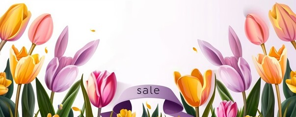 Easter sale banner with text Happy Easter on white background, in a flat illustration style with pastel colors, featuring tulips and bunny ears as decorative elements