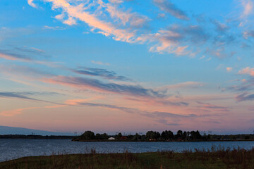 Pink sunset in summer, lake, grass, nature, no one, clouds, landscape.