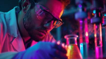 A striking photograph of a scientist examining a flask filled with a vibrant chemical solution,...