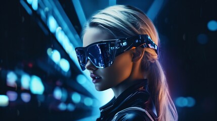Girl delves into virtual reality. Adorable VR experience brings joy. - obrazy, fototapety, plakaty