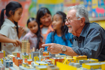 In a creative learning space filled with vibrant colors a family led by an elderly mentor explores the detailed craftsmanship of urban planning models - obrazy, fototapety, plakaty