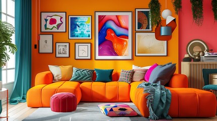 a vibrant and eclectic living room space with an AI-created gallery wall that mixes and matches colorful abstract art within unconventional mockup frames