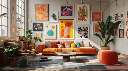 a vibrant and eclectic living room space with an AI-created gallery wall that mixes and matches colorful abstract art within unconventional mockup frames