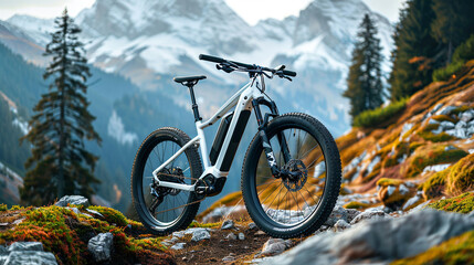 Photo of mountain bike against background of beautiful landscape. Concept of off-road riding and...