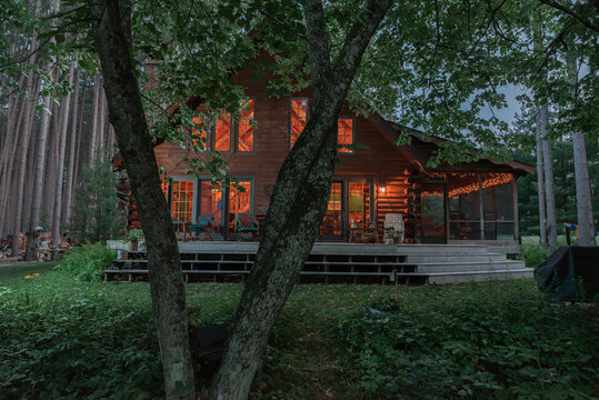 Log cabin at night