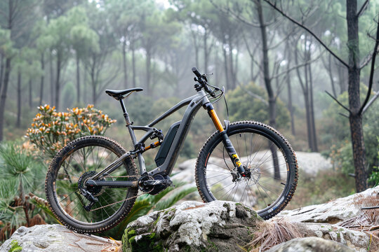 Photo of mountain bike against background of beautiful landscape. Concept of off-road riding and tourism 