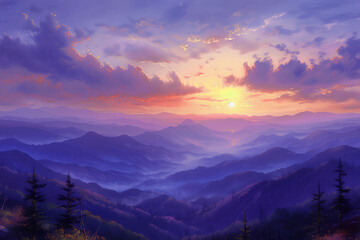 Sunset Over Mountain Range Painting - obrazy, fototapety, plakaty