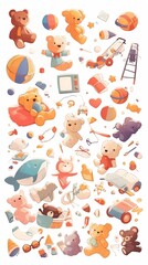 Watercolor illustration of children's toys in calm pastel colors isolated on a white background