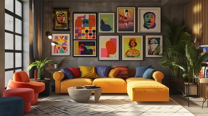 a virtual living room setting with an AI-curated gallery wall filled with pop art, each piece uniquely framed for a bold and dynamic look