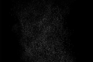 White grainy texture. Abstract dust overlay. Grain noise. White explosion on black background. Splash light realistic effect. Vector illustration, eps 10.	