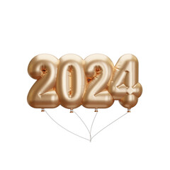 Happy New Year 2024 design element. Isolated inflated golden balloon numbers. 3D rendering. Helium balloons. Party, sales, birthday, celebrate anniversary and wedding. Realistic design elements.