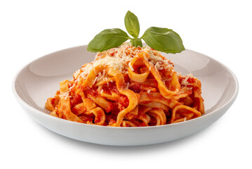 Tagliatelle egg pasta with tomato sauce and grated parmesan cheese and basil leaves in white plate isolated