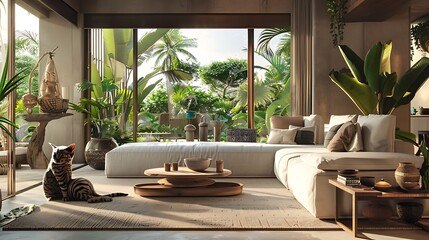 an AI-generated visual masterpiece that portrays the serene atmosphere of a Tulum family room with a Balinese Kucing Cat, emphasizing smooth lines and intricate interior design , Attractive look - obrazy, fototapety, plakaty