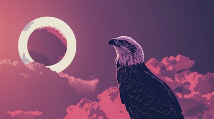 an artistic image of an eagle observing a solar eclipse, with clouds in the background, employing a tilted panorama and a triadic sapphire palette, using minimalist flat design , Attractive look