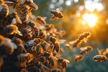 Dawn in the apiary: Bees buzzing around their hives as the first light of day bathes the scene in a warm glow