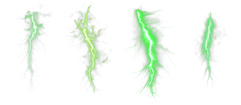 Green Lightning bolt strike set. Isolated transparent background. Zeus, God, Jupiter, Thor, mythology concepts. Shock and energy glow. Fractal light burst flair. Fantasy glowing transparent PNG. 