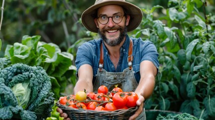 A man holding a basket of ripe tomatoes in a flourishing garden setting
